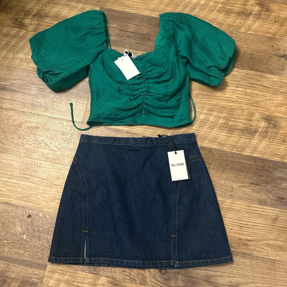 RE/DONE denim Skirt & emerald Green Puff-Sleeve Crop Top Small